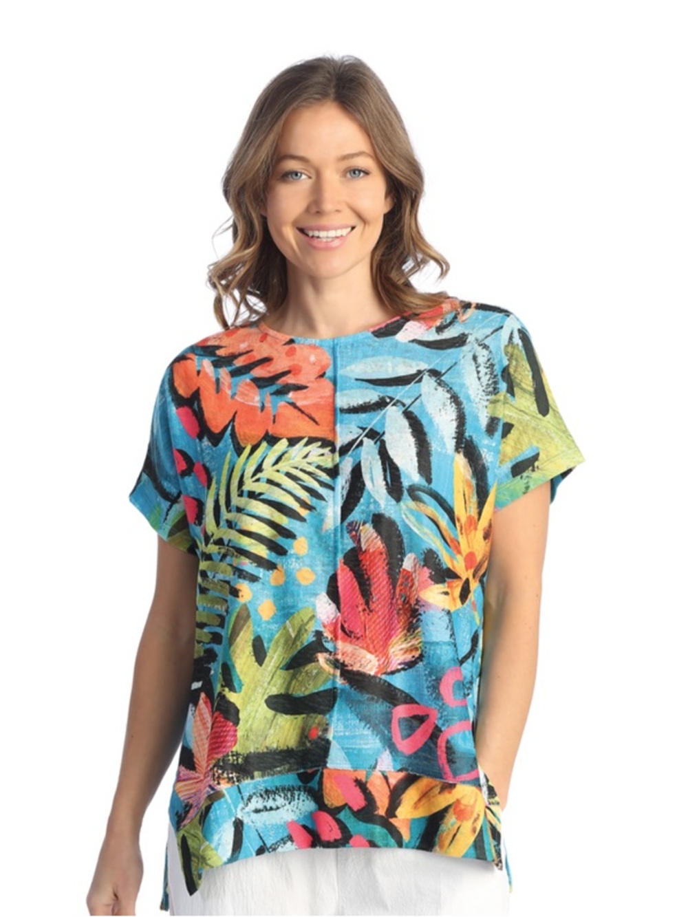 Jess & Jane PARADISE LIGHT-KNIT SIDE SLIP TUNIC TOP LK5-1842 Tropical Large